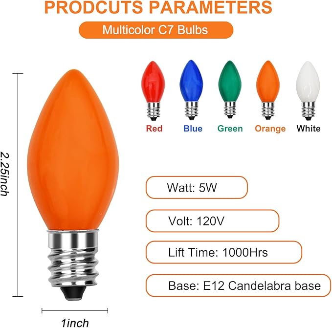 C7 Multicolor Incandescent Christmas Light Bulbs, 25 Pack Ceramic Replacement Bulbs for Ceramic Christmas Tree, Vintage C7/E12 Candle Bulbs, 120V 5W Durable Glass Indoor Outdoor Use
