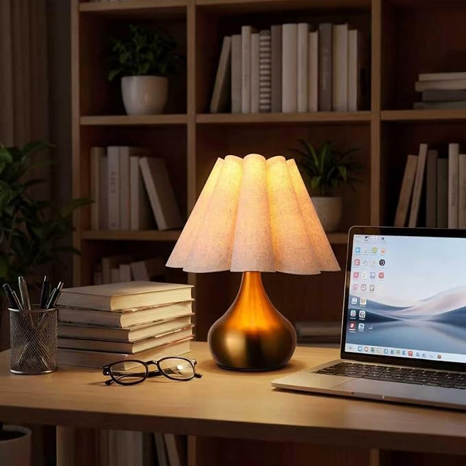 Small Table Lamp Pleated Table Lamp Fabric Shade Desk Lamp Gold Base Mini Bedside Nightstand Lamp with Beige Lampshade Cute Night Light Modern Lamp for Bedroom Home Living Room Kitchen Nursery Decor