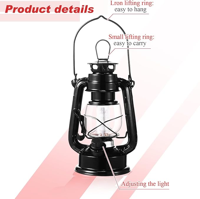Hortsun 8 Pcs 8 Inch Vintage LED Hurricane Lantern Metal Black Outdoor Battery Operated Hanging Lantern with Warm LEDs and Dimmer Switch for Indoor Rustic Farmhouse Country Camping Decor