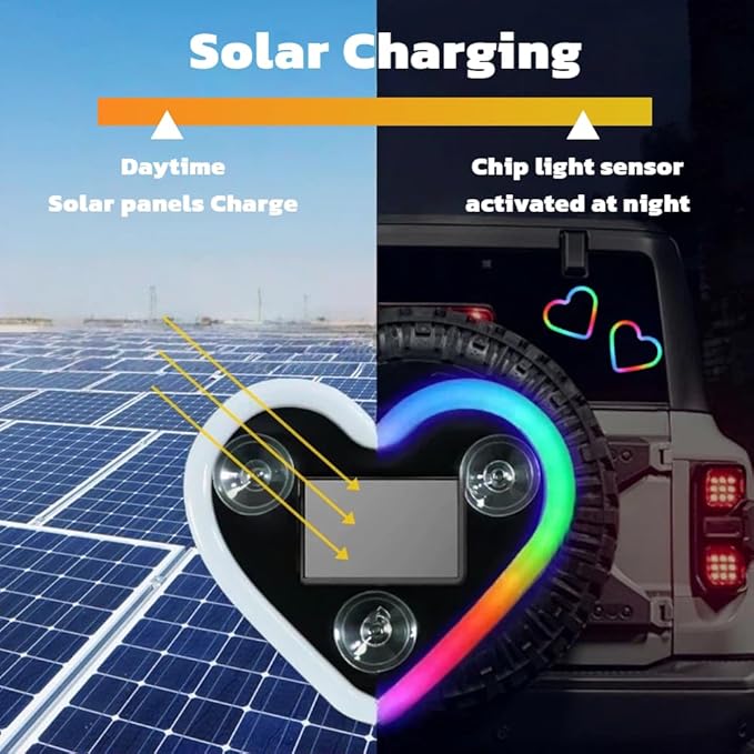Car LED Ambient Lighting - 7 Colors 8 Modes RGB Solar Powered&USB Charging Heart-Shaped Neon Light for Window IP65 Waterproof Car Interior Light Decoration(2Pcs)