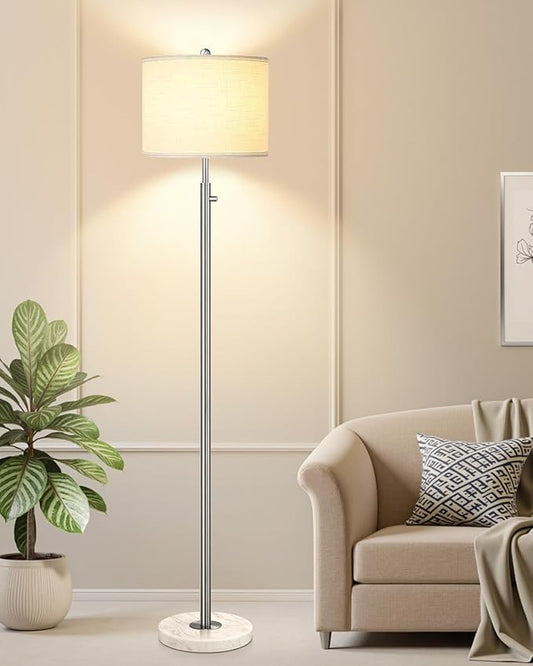 【Upgraded】 Dimmable Floor Lamp for Living Room, 11W LED Bulb Included, Modern Standing Lamp with Marble Base, Tall Pole Light with Linen Shade for Bedroom Reading Office Corner Nursery-Brushed Nickel