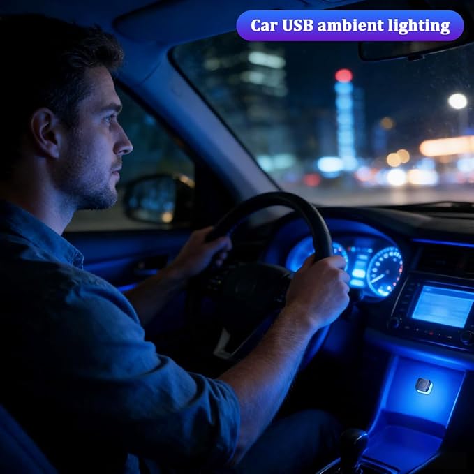 4PCS Car Interior USB LED Light, Portable Plug-in Bright Vehicle Atmosphere Decor Lamp, Small Automotive Inside Decoration Ambient Night Light Kit, Universal for SUV Van Truck (Blue)
