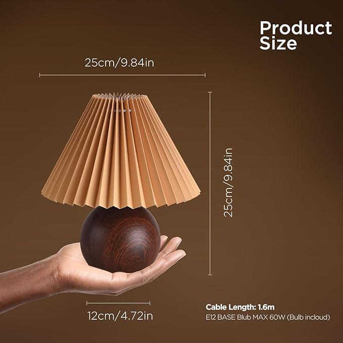 KUNJOULAM Small Pleated Table Lamp, Modern Bedside Nightstand Lamp with Coffee Lampshade, Cute Lamp for Bedroom Living Room Home Office Decor with E12 Bulb