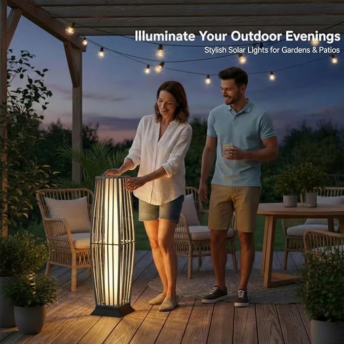 Rattan Outdoor Floor Lamp Set of 2, Boho Solar Porch Lights Outdoor Waterproof for Patio, Garden, Balcony & Deck, Gray (Vertical)