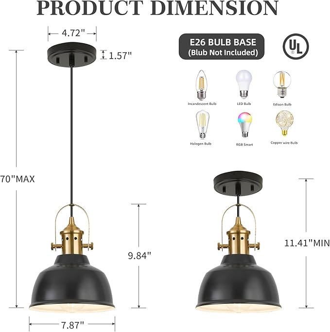 Farmhouse Small Pendant Lights, Black Pendant Lighting for Kitchen Island, lndustrial Adjustable Height Hanging Light for Barn, Dining Room, 3 Pack