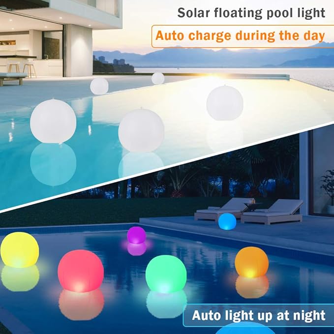 GEEDIAR Floating Pool Lights 2pcs,14" Inflatable Solar Powered Pool Light with Remote,IP68 Waterproof Swimming LED Mood Lights with 16 Color Changing Outdoor Decorations Light for Garden and Pond