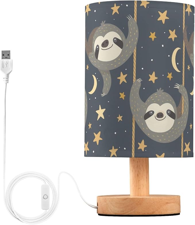 Cute Sloth Picking Stars Navy Blue Bedside Table Lamps with USB Port for Bedroom Lamp Accent Table Lamp Small Nightstand Lamp Sturdy Linen Shade Wooden Decorative Lamps for Kids|Reading|Dorm|Home
