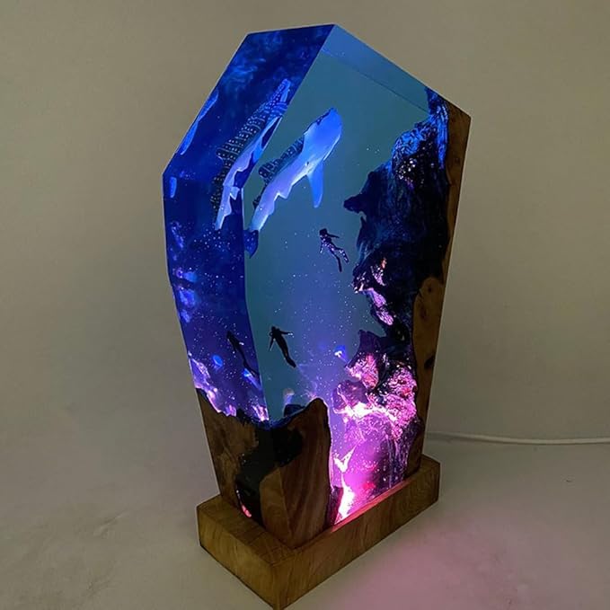 Whale Shark Ocean Resin Lamp, Handmade Wooden Table Resin Night Light, USB Port Art Ornaments for Home Office Decor, Scuba Diver Gifts for Birthday Holiday, Valentine's Day Gifts for Husband