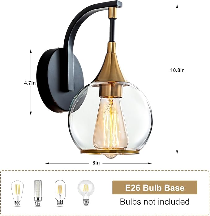 Indoor Wall Sconce, Black and Gold Wall Light Fixture with 4.9 Inches Clear Glass Shade, Bathroom Vanity Lights for Mirror, Bedroom, Hallway