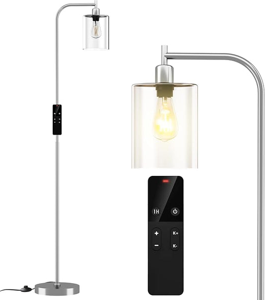Industrial Floor Lamp with Glass Shade, Modern Dimmable Floor lamp with Remote LED Bulbs, Tall Lamp for Living Room Corner, Bedroom, Office (Brushed Nickel)