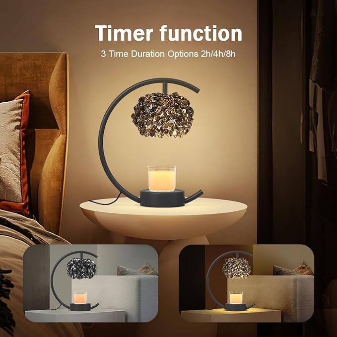 Candle Warmer Lamp for Jar Candles with Adjustable Brightness＆Timer，Handcrafted Crystal Candle Lamp Luxurious Design+2Bulbs,Home Decoration Electric Candle Lamp(Black C-Shaped)