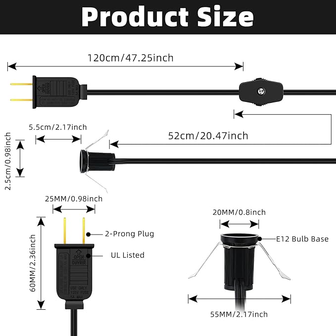 Enhon Accessory Cord with 1 LED Light Bulb, 6ft Blow Mold Light Cord with C7 Bulbs, Black Cord with On/Off Plug, Christmas Village Light for Holiday Indoor House Decoration Craft Projects(4 Pack)