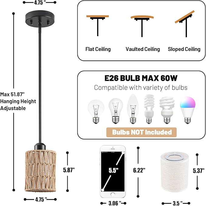 Pendant Light Boho Hanging Lamp - Rattan & Linen 2-in-1 Shade, Adjustable Hanging Lights Fixture for Kitchen Island, Dining Room, Farmhouse, Bedroom (3 Pack)