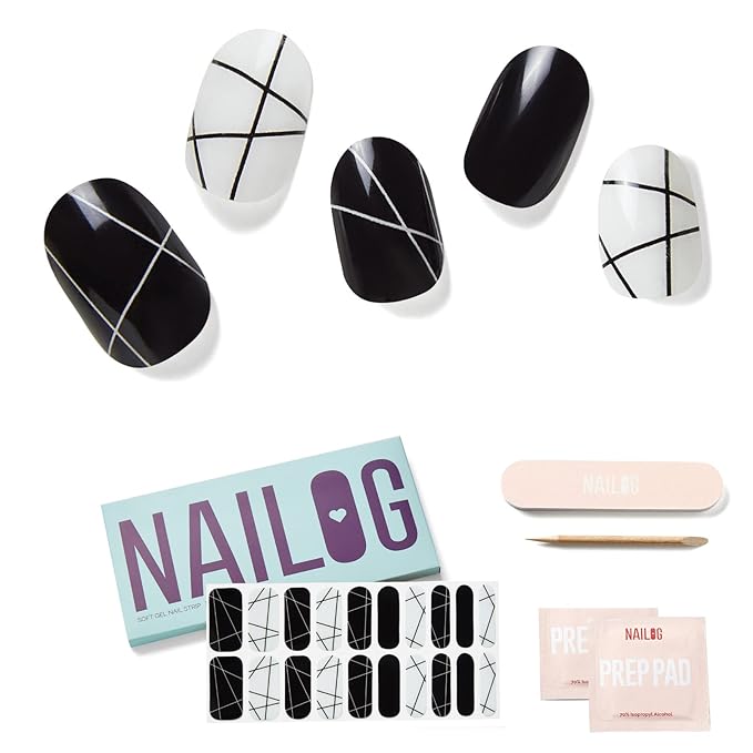 NAILOG Semi Cured Gel Nail Strips 20 Pcs | Buy 2 Get 1 UV Lamp | Extra Long Nail Wraps with Glossy Gel Finishing | B&W Composition
