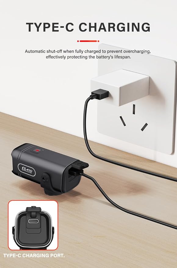 TOWILD CL450 Bike Lights for Night Riding, 450 Lumens, USB-C Rechargeable, Aluminum Alloy, IPX6 Waterproof