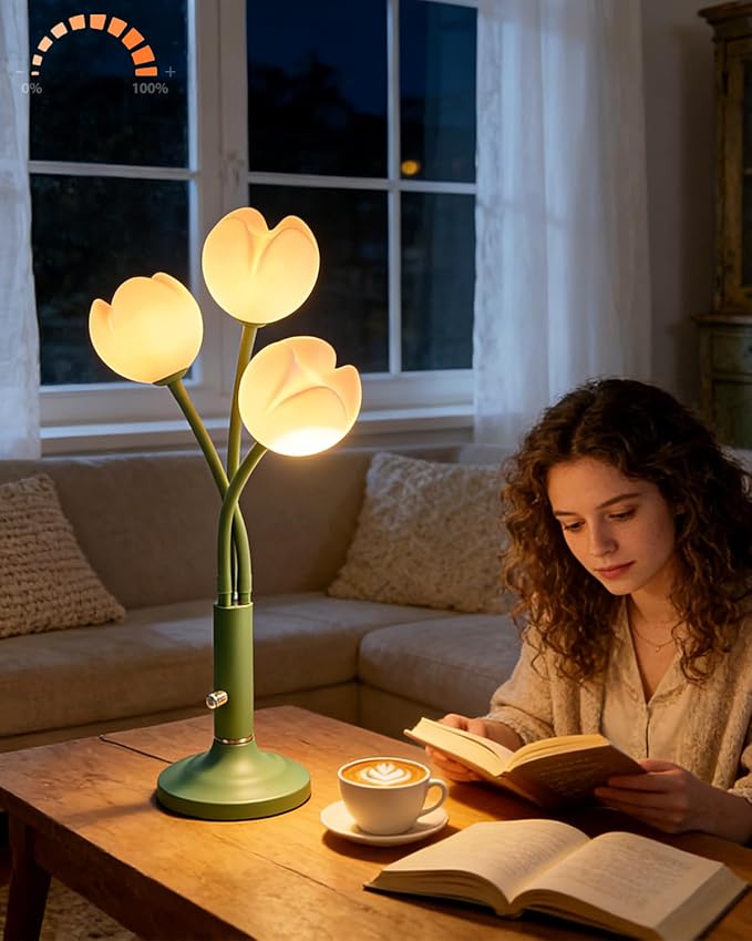 Lightdot Vintage Flower Table Lamp, Green Small Cute Bedside Lamp with Adjustable Gooseneck& Bulbs, 3000K Warm Light Dimmable Desk Lamps Nightstand Light for Bedroom Living Room
