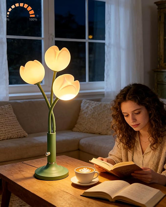 Lightdot Vintage Flower Table Lamp, Green Small Cute Bedside Lamp with Adjustable Gooseneck& Bulbs, 3000K Warm Light Dimmable Desk Lamps Nightstand Light for Bedroom Living Room