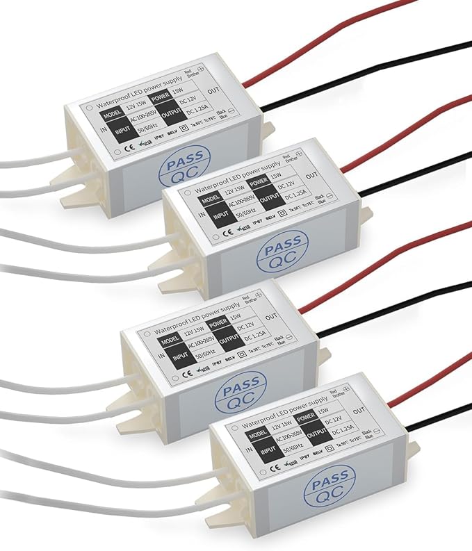 12V Power Supply LED Driver, Lustaled 15W 12 Volt Power Supply Transformer Waterproof IP67 Small 120V AC to 12V DC Converter for LED Strips, Security Cameras, Junction Box, G4 MR11 MR16 Bulbs (4-Pack)