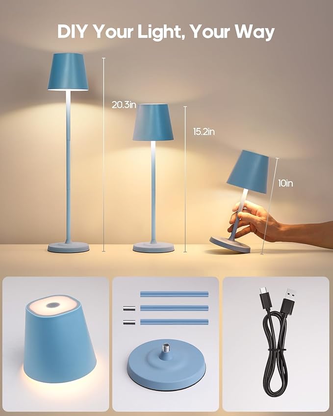LED Cordless Table Lamp Rechargeable, 3-Height Adjustable, 5500mAh Battery Operated Lamp, 3-Color Dimming Touch Lamp, Portable Lamp for Dining, Bedroom,Camping, Outdoor, Indoor(Blue 1 Pc)