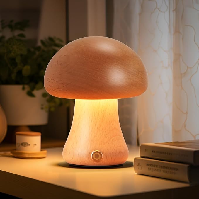 Creative Wood Mushroom Table Lamp, Portable Cordless Small Lamp, Rechargeable Battery Operated Lamp,Stepless Dimming, Night Light for Birthday Gifts, Creative Home Decor Unique House Gift