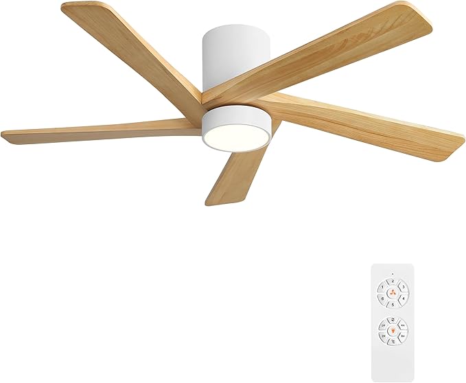 WINGBO 54 Inch Flush Mount DC Ceiling Fan with Lights and Remote, 5 Reversible Carved Wood Blades, 6-Speed Noiseless DC Motor, Hugger Ceiling Fan in White Finish with Oak Blades, ETL Listed