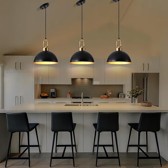 12.2 Inch Matte Black Pendant Lights Kitchen Island, Farmhose Kitchen Island Lighting, Adjustable Height Modern Dome Pendant Light Fixture for Dining Living Room Bar 2 Pack
