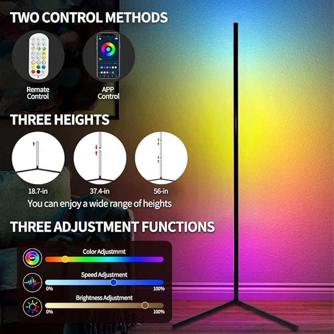 RGBIC Floor Lamp, LED Corner Lamp Works Smart APP, Smart Modern Floor Lamp with Music Sync and 16 Million DIY Colors, Color Changing Standing LED Lamp for Bedroom Living Room