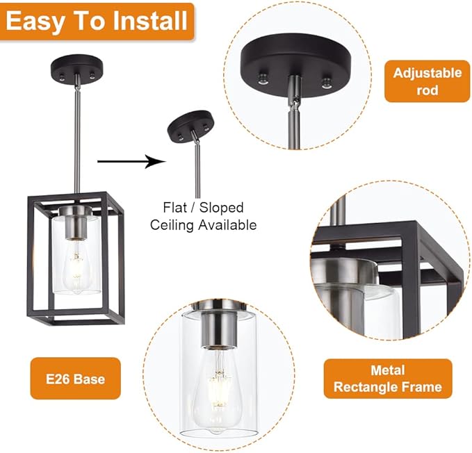 VINLUZ Single 1 Light Black and Brushed Nickel Modern Glass Pendant Light Industrial Modern Metal Chandelier with Clear Glass Shade for Dining Room Kitchen Island Foyer Cafe