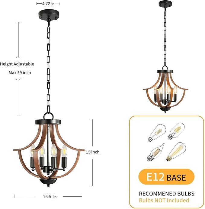Farmhouse Chandelier,4-Light Modern Hanging Pendant Lighting,Rustic Vintage Ceiling Chandelier Light Fixture for Hallway Foyer Dining Room Entryway Kitchen Island Bedroom