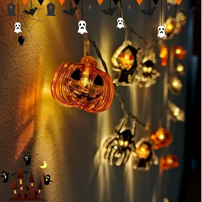 Halloween String Lights 9.8FT 20 LED Battery Powered Outdoor Decor, Pumpkin Mummy Skull Spider Designs, 2 Lighting Modes Halloween Lights Indoor for Yard Party Decoration(Style A)