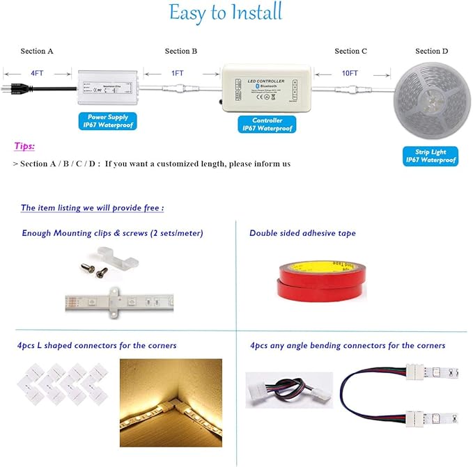 100FT/Roll 60LEDs/M 24V 5050 IP67 Waterproof RGB LED Flexible Strip Light w/Bluetooth Remote & Controller(Waterproof) and Power Supply(Waterproof)