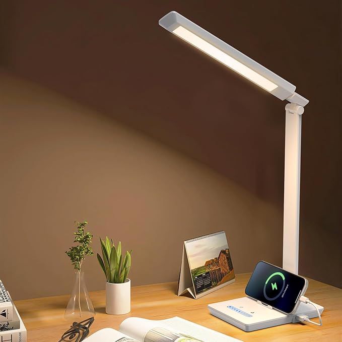 Desk Lamp with USB Charging Port, 14W 900LM Dimmable Eye-Caring Reading LED Desk Light for 9 Brightness Slide Touch & 5 Color Temperature Modes, Home Office Desktop Lamp, Small Study Lamp, White