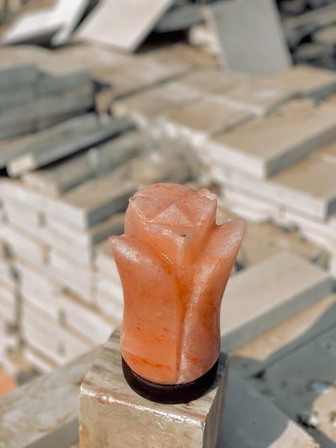 Himalayan Pink Salt Lamp – Flower Shape – Hand-Carved Natural Crystal Salt Rock with Wooden Base Ideal Gift & Home Décor