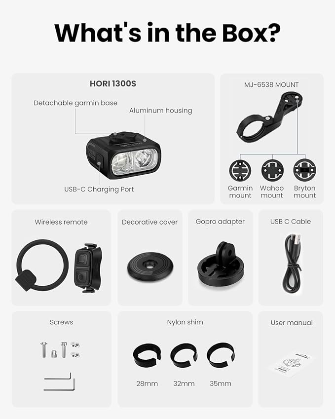 Magicshine HORI1300S Bike Headlight, Compatible with Garmin/Wahoo, 1300 Lumens High & Low Beam Front Light, USB-C Rechargeable, IPX6 Waterproof for Night Riding and Urban Cycling