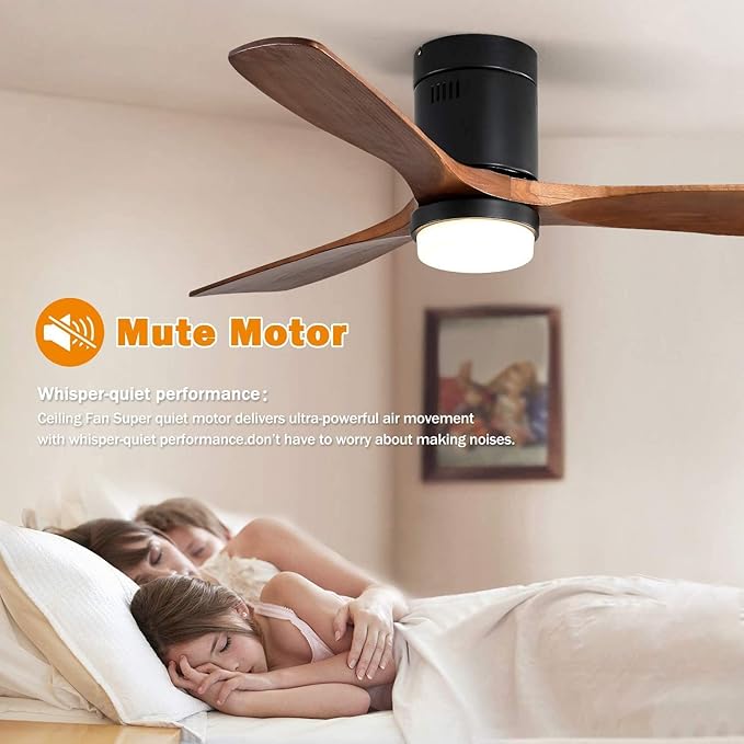 52 Inch Low Profile Ceiling Fans with Lights and Remote, 6-Speed Dimmable Outdoor Ceiling Fan with Light 3 Walnut Blades Wood Ceiling Fan with Timer, Reversible DC Motor for Patio Bedroom Farmhouse