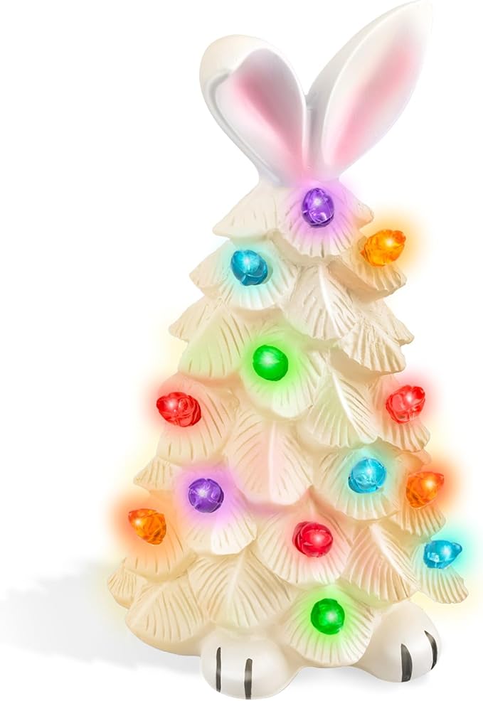 Lighted Easter Bunny Ceramic Tabletop Tree Easter Glowing Easter Bunny Ornaments with Colorful Lamp Beads Resin Rabbit Figurines for Spring Theme Party Basket Stuffers Filler Holiday Decor Gifts