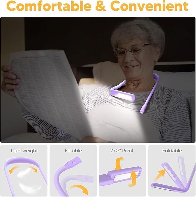 Mothers Day Gifts for Mom Wife: Purple Neck Light with Storage Case for Book Lovers Knitters Crafters, 10-80Hrs Eye-friendly Rechargeable Book Reading Lamp Knitting Crochet Craft Light Sewing Supplies