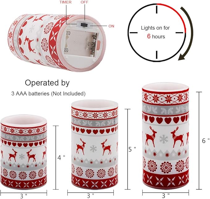 GenSwin Flameless Flickering Led Candles Battery Operated with 6 Hours Timer, Real Wax Pillar Candles Warm Light Love Deer Decal Decor Gift(Pack of 3)