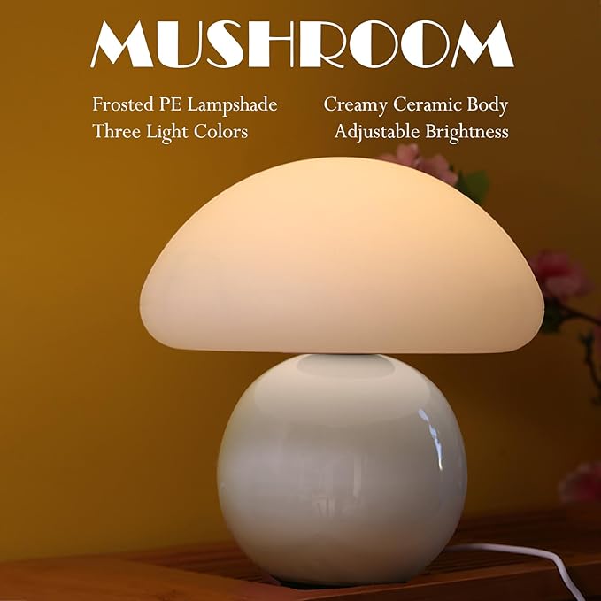 Cute Small Mushroom Lamp, PE Lampshade, Ceramic Base, Adjustable Light Color and Brightness with Power-Off Memory, Safe USB Powered, LED Mushroom Light for Bedroom Living Room (White)