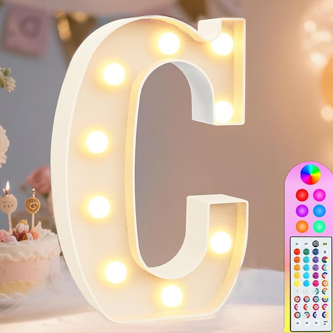 Pooqla Colorful Light Up Letters with Remote, Upgraded 35 Colors LED Marquee Letters, RGB Lighted Letter for Girls Teenager Gift, Birthday, Party, Wedding, Night Light, Room, Bedroom Decor, Letter C