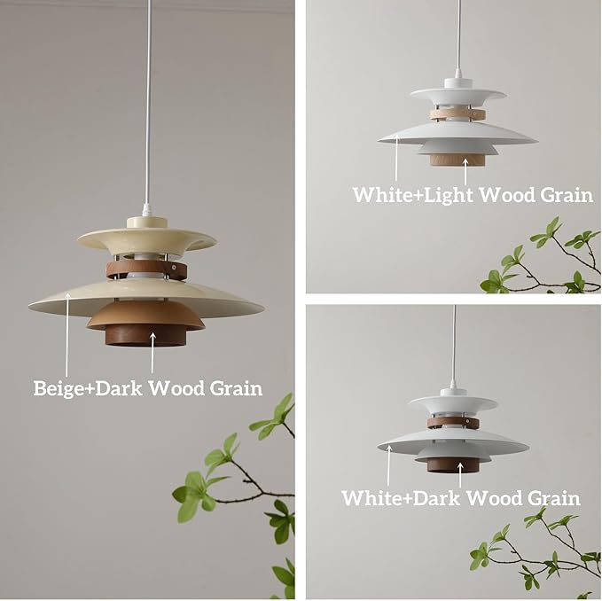 Modern Decor Adjustable Pendant Lamp Kitchen Island, Aluminum and Wood Finish,1-Light E26 Base Ceiling Hanging Light for Dining Room Shop Restaurant (White+Dark Wood Grain, 35cm)