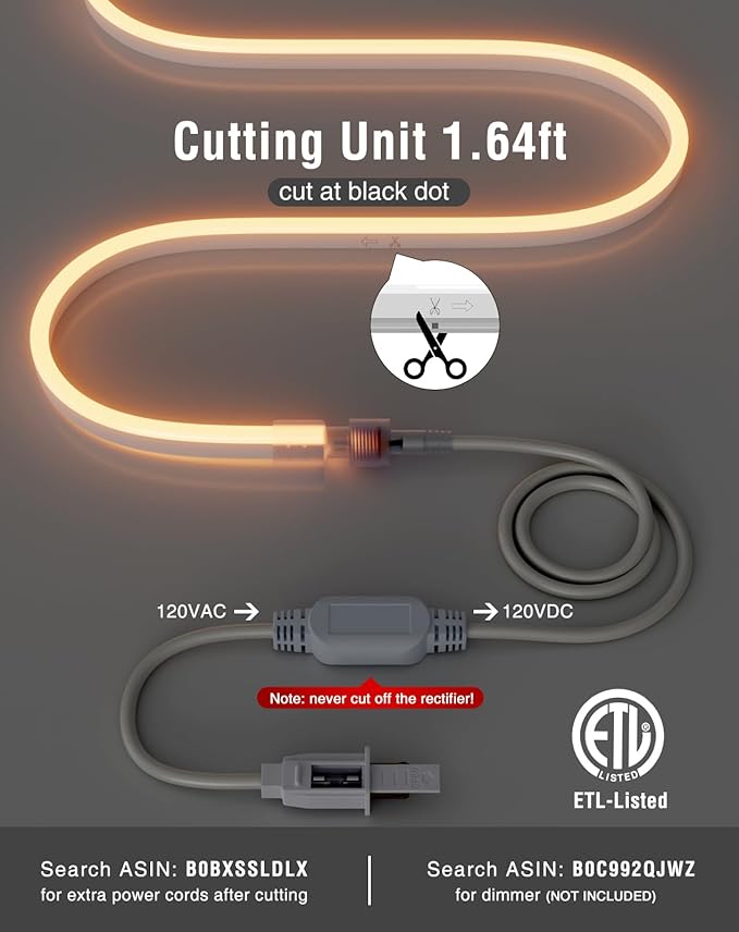 Shine Decor LED Neon Rope Lights AC 120V, Expandable & Cuttable 120LEDs/M Bright Strip Lighting, ETL Cold-Resistant & IP65 Waterproof for Indoor Outdoor, 8x16mm, 2500K Warm White, 98.4ft