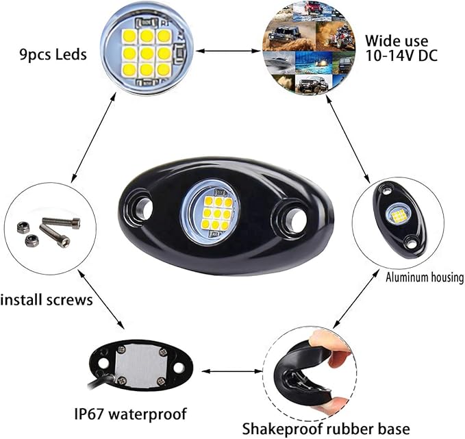 Yellow LED Rock Lights, 4 Pods Neon 12V Waterproof Underglow Underbody Kit Crawler Crawling Dome Exterior Wheel Lights for ATV RZR UTV SUV Off-Road Auto Boat Motorcycle Glow Trail Rig Fender Lamp