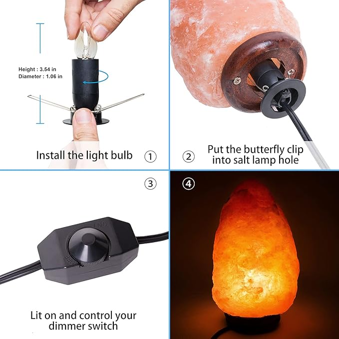 1 Pack Salt Lamp Cord Replacement with Dimmer Switch 5 feet Lamp Cord and 6-Pack Halogen Salt Lamp Bulbs(15 Watts)