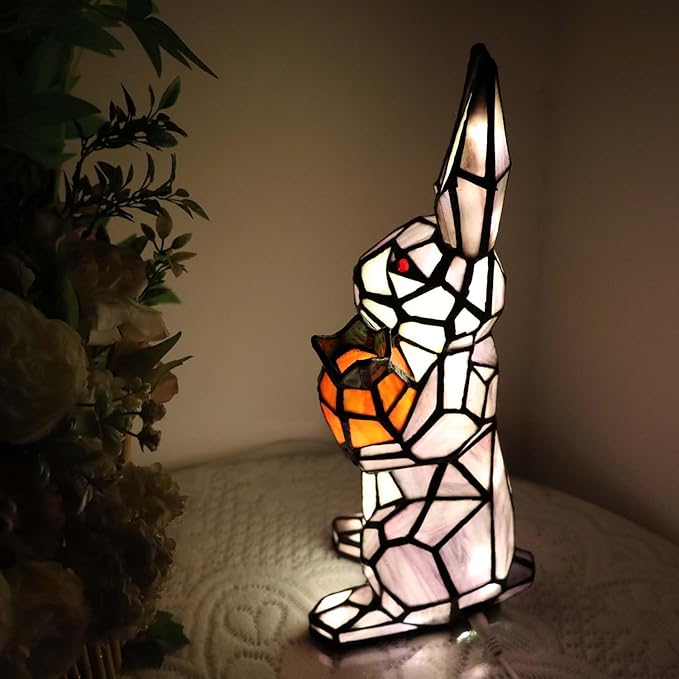 Bieye L10947 Bunny Holds Carrot Tiffany Style Stained Glass Accent Table Lamp for Easter Decor (Purple)