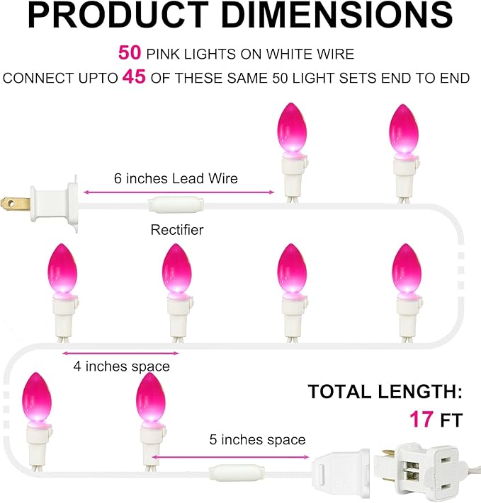BOHON Pink LED String Lights, 17 Feet White Wire Christmas Lights, 50 Bulbs, Indoor Outdoor Valentine's Day Holiday Wedding Decorative Lighting Valentine Day Decor
