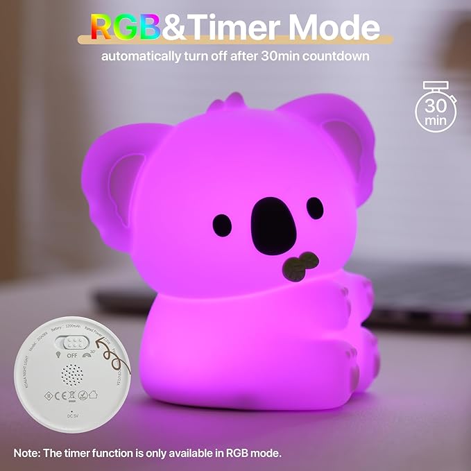 Cute Koala Night Light for Kids Rechargeable, Battery Operated Nightlight 3 Level Dimmable with RGB&Timer, Silicone Touch Nursery Lamp for Baby Girls Boys Bedroom Gifts