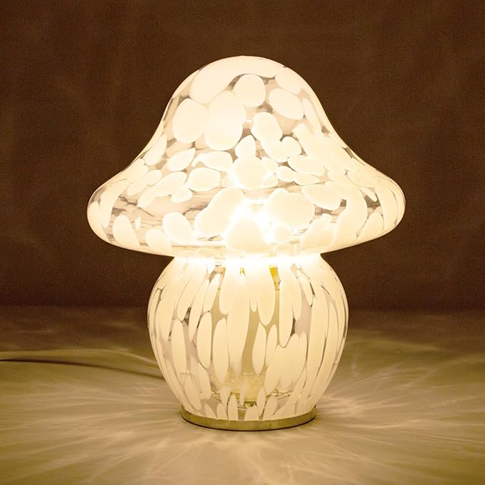 Mushroom Lamp Glass Mushroom Table Lamp for Bedrooms, Living Room, Aesthetic Lamps for Bedroom, Cute Bedside Lamp（White Dot）