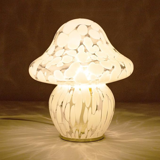 Mushroom Lamp Glass Mushroom Table Lamp for Bedrooms, Living Room, Aesthetic Lamps for Bedroom, Cute Bedside Lamp（White Dot）