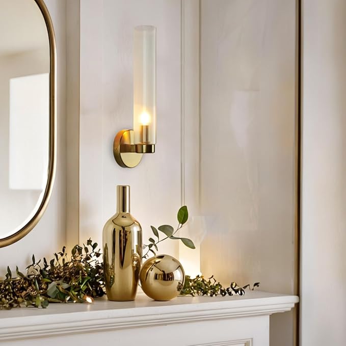 Fluted Textural Glass Wall Sconce, Modern Indoor Vanity Light, Glass Tube Wall Light Fixture with Metallic Finish, Wall Light fixtures for Bathroom, Mirror, Living Room, Bedroom (Brass)